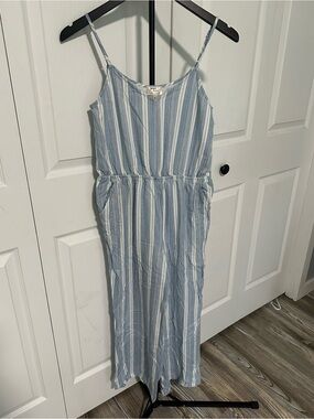 Striped Light Blue & White Spaghetti-Strap Jumpsuit